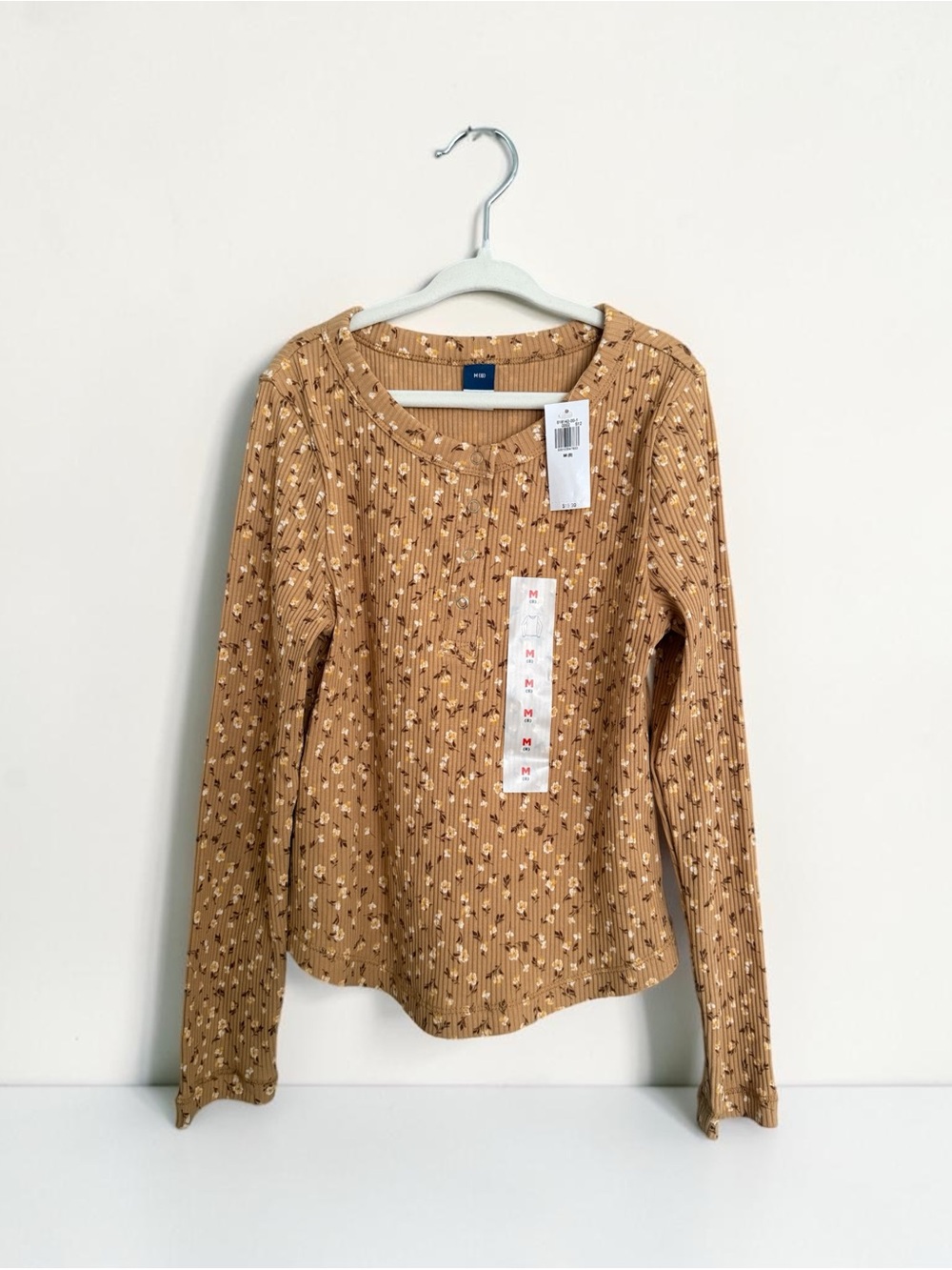 Girl’s Long Sleeve Ribbed Top in Camel Floral